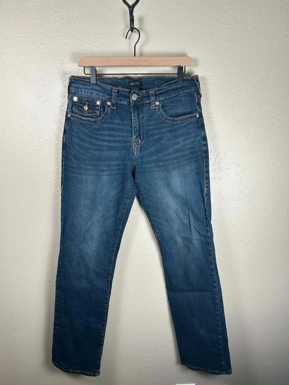 True Religion Jeans Mens Size 33 Ricky Straight Leg Denim Contrast Stitching Y2K